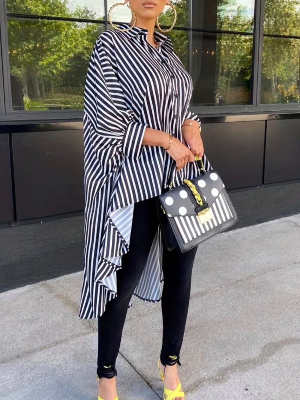 Women'S Striped Print Front Short Back Long Casual Long Sleeve Shirt